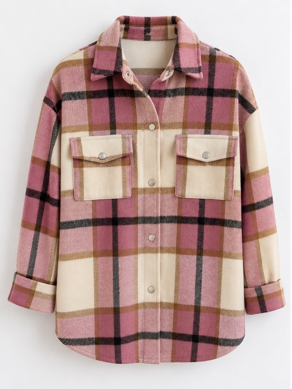 Women’s Pink Plaid Shacket with Cream Accents